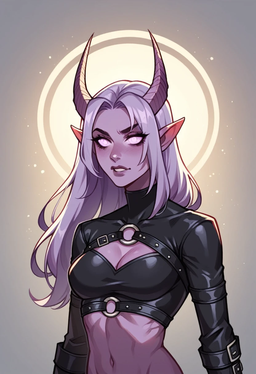 rogue tiefling, hired assassin, light purple hair, fair skin slightly purple, no muscles, slim figure, demonic horns, pointed ears, black leather outfit, sharp daggers, stealthy movements, mysterious aura, cinematic lighting, dramatic shadows, fantasy atmosphere, dark color palette,