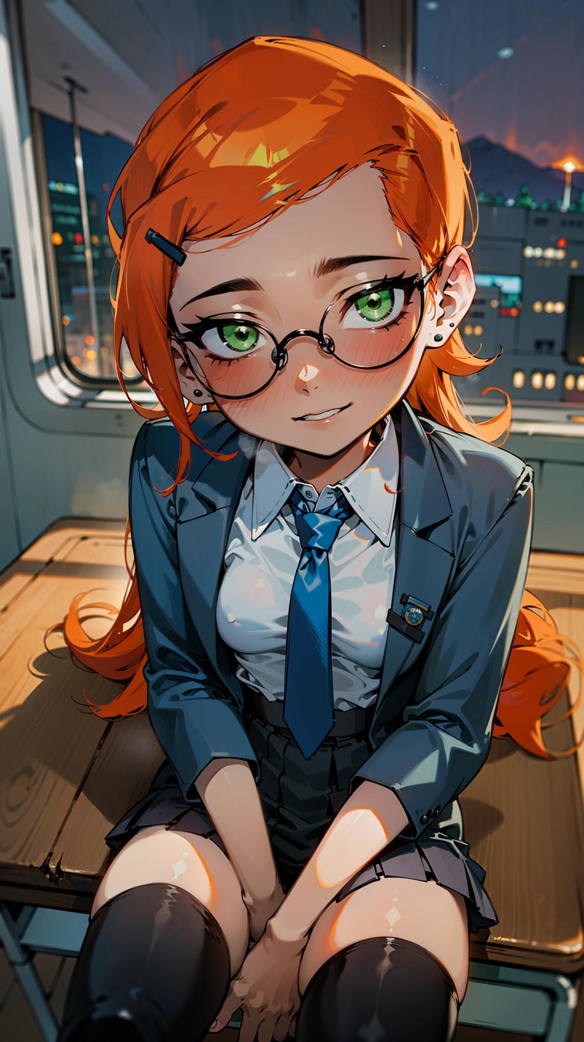 (Masterpiece), Best Quality, ultra-detailed, 1girl (Gwendolyn_Tennyson,  Slender and sexy body, lovely small breasts, orange hair, long wave hair, green eyes, half-closed eyes, spectacles), a come-hither face, smirk , parted lips, nose blush, blush, facing viewer, looking at viewer, solo, business suits, business jacket,  dark blue jacket, white y-shirts(buttons), necktie,  pleats skirt,dark blue skirt, black lace thighhighs, in the classroom, night time, , sitting,  sitting on desk, spread legs, black lace panties, come-on, lure,, Sexy waist teasing,  , from_below 