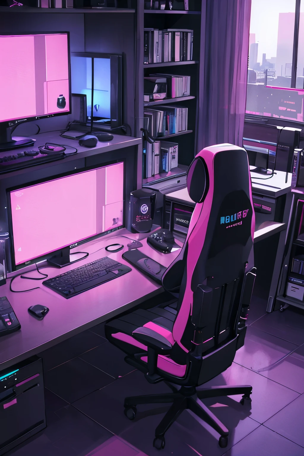 ((best quality)), ((masterpiece)), (detailed), empty large gamer bedroom with window background, hot pink and black theme, pc and monitors on a desk with gaming chair, neon decoration and posters on walls and desk, nighttime