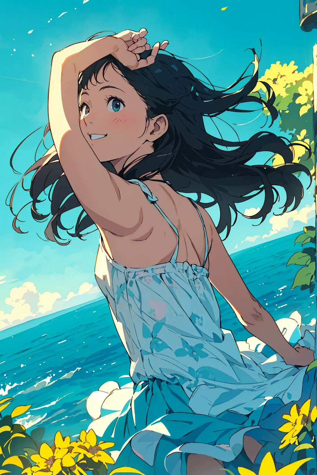 Reasonable design, Clear lines, High Sharpness, (Highest quality,8K,Perfect sharpness,Ultra fine,High resolution,masterpiece:1.2), Perfect Anatomy:1.5, Official Art, Illustrations that tell a story, (Whitish background:0. 9)、Body Positivity、多Mr.な身体表現、(Random and energetic poses)、Perfect beauty、Perfect beautiful face、Strong winds、A rich expression、Dynamic composition、smile、Golden ratio composition、colorful、((Mr.々Different angles and perspectives))、Anime Art、(Mini dress)、(Overcoming stereotypes)、 Glowing Skin、(Natural beauty)、smile、Bangs、(Soft and flowing hair)、(countryside)、(Nostalgic atmosphere)、Put up to your feet、(Playful and carefree)、(多Mr.な民族のキャラクター)、(innocent attitude)、(Sunny atmosphere)、(The skirt flutters wildly in the wind)、(Bright colors)、Beautiful Eyes、(Embarrassing)、Braided Hair、Summer Scene、Smiling among flowers、Side angle、Angle from below、Enjoy fishing、