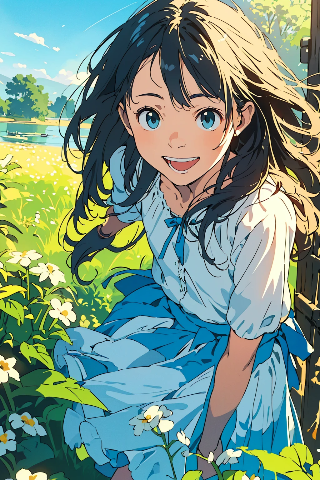 Reasonable design, Clear lines, High Sharpness, (Highest quality,8K,Perfect sharpness,Ultra fine,High resolution,masterpiece:1.2), Perfect Anatomy:1.5, Official Art, Illustrations that tell a story, (Whitish background:0. 9）、Body Positivity、多Mr.な身体表現、（Random and energetic poses）、Perfect beauty、Perfect beautiful face、Strong winds、A rich expression、Dynamic composition、smile、Golden ratio composition、colorful、（(Mr.々Different angles and perspectives)）、Anime Art、(Mini dress)、（Overcoming stereotypes）、 Glowing Skin、（Natural beauty）、smile、Bangs、（Soft and flowing hair）、（countryside）、（Nostalgic atmosphere）、Put up to your feet、（Playful and carefree）、（多Mr.な民族のキャラクター）、（innocent attitude）、（Sunny atmosphere）、(The skirt flutters wildly in the wind)、（Bright colors）、Beautiful Eyes、(Embarrassing)、Braided Hair、Summer Scene、Smiling among flowers、Side angle、Angle from below、Enjoy fishing、