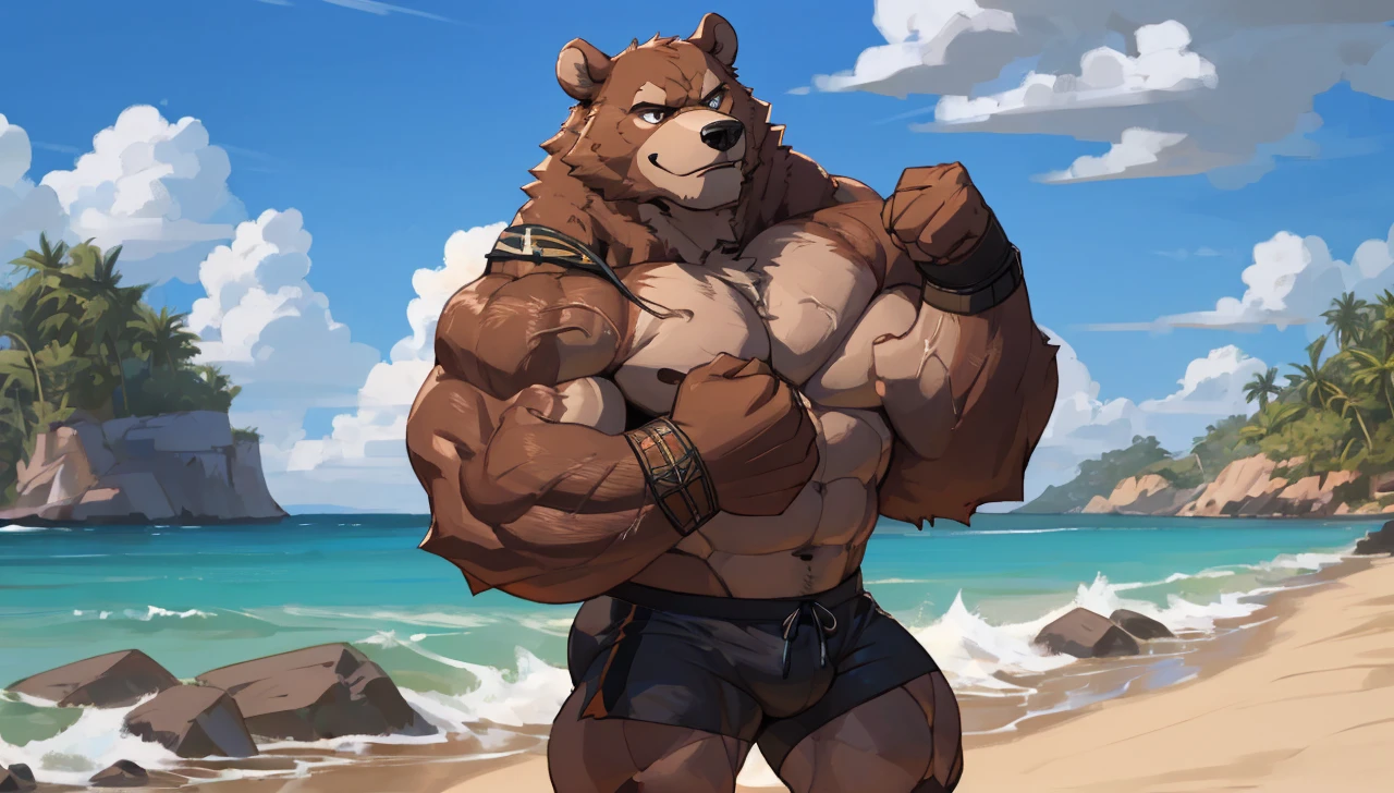 solo, 2boys, beach, size different, extremely huge muscular, massive muscular, grizzly bear, full-body, well-muscled, being shirtless in a black swim trunk shorts and black wristbands in beach. Flexing the whole body. Doing the MOST MUSCULAR POSE. Super strong. ((extremely muscle size, super thick arms, huge back, thick brown fur, extremely wide back and shoulder, powerful body, huge arms, veiny)). and add details to make it attractive and interesting. Added eyes. Add textures and details to make the image more realistic, such as the appearance of the body-built texture and the appearance of the fur. Make sure the resulting image is high resolution, 8K quality.", simple background, masterpiece, high detailed, 8k, high resolution