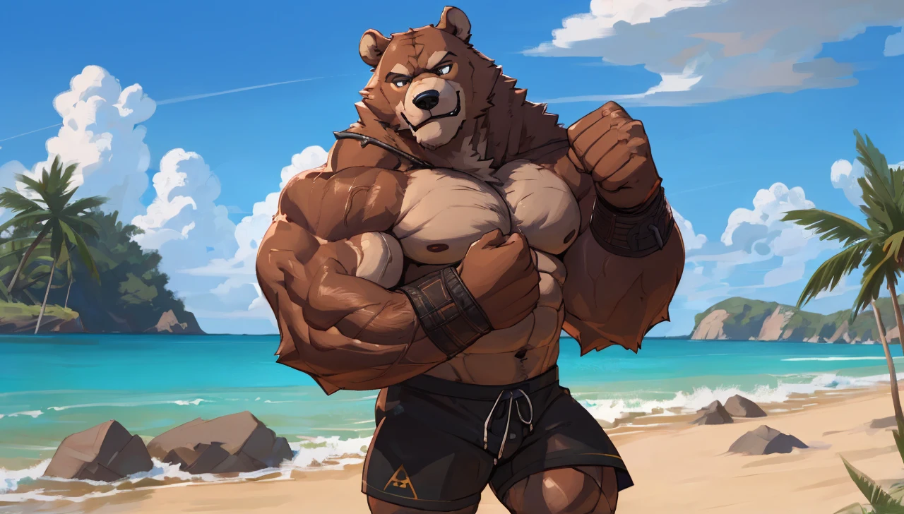solo, 2boys, beach, size different, extremely huge muscular, massive muscular, grizzly bear, full-body, well-muscled, being shirtless in a black swim trunk shorts and black wristbands in beach. Flexing the whole body. Doing the MOST MUSCULAR POSE. Super strong. ((extremely muscle size, super thick arms, huge back, thick brown fur, extremely wide back and shoulder, powerful body, huge arms, veiny)). and add details to make it attractive and interesting. Added eyes. Add textures and details to make the image more realistic, such as the appearance of the body-built texture and the appearance of the fur. Make sure the resulting image is high resolution, 8K quality.", simple background, masterpiece, high detailed, 8k, high resolution