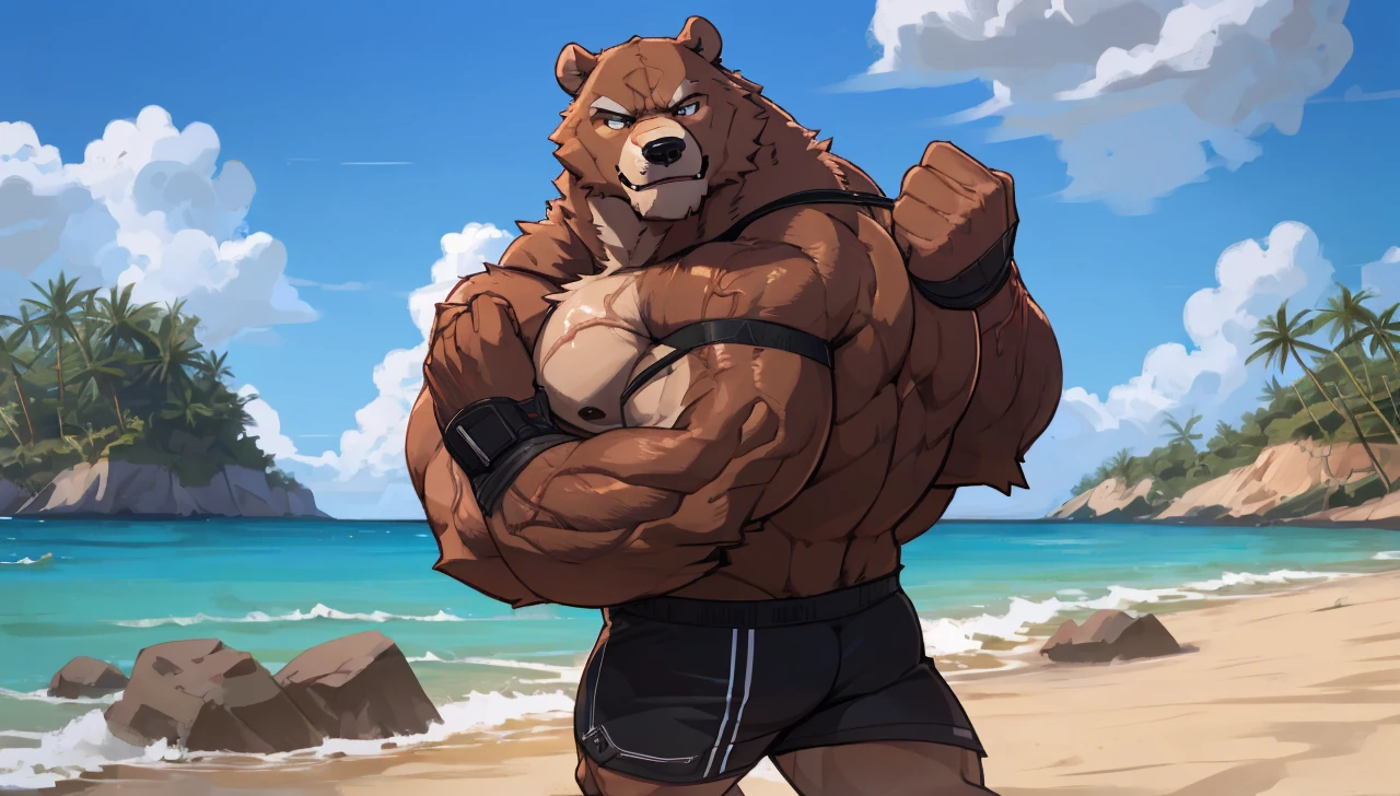 solo, 2boys, beach, size different, extremely huge muscular, massive muscular, grizzly bear, full-body, well-muscled, being shirtless in a black swim trunk shorts and black wristbands in beach. Flexing the whole body. Doing the MOST MUSCULAR POSE. Super strong. ((extremely muscle size, super thick arms, huge back, thick brown fur, extremely wide back and shoulder, powerful body, huge arms, veiny)). and add details to make it attractive and interesting. Added eyes. Add textures and details to make the image more realistic, such as the appearance of the body-built texture and the appearance of the fur. Make sure the resulting image is high resolution, 8K quality.", simple background, masterpiece, high detailed, 8k, high resolution