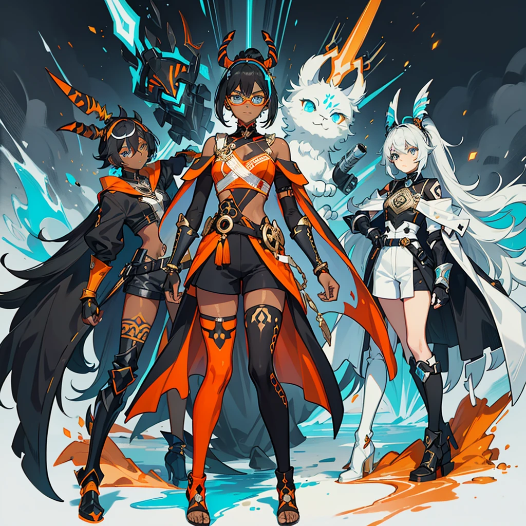(((one caracter))), female, (((darkskin)))), Black hair with ponytail, clear blue eyes, Round glasses with small dark lenses, This lens is orange, and the Light Blue frame, (((Black metallic gauntlets and greaves with orange and silver highlights)), (((The clothes have a mix of modern and tribal)))), Having mainly black color, but having pieces of orange, Shoulders on display, On the Hip one Shorts extending to Mid Thigh in black.