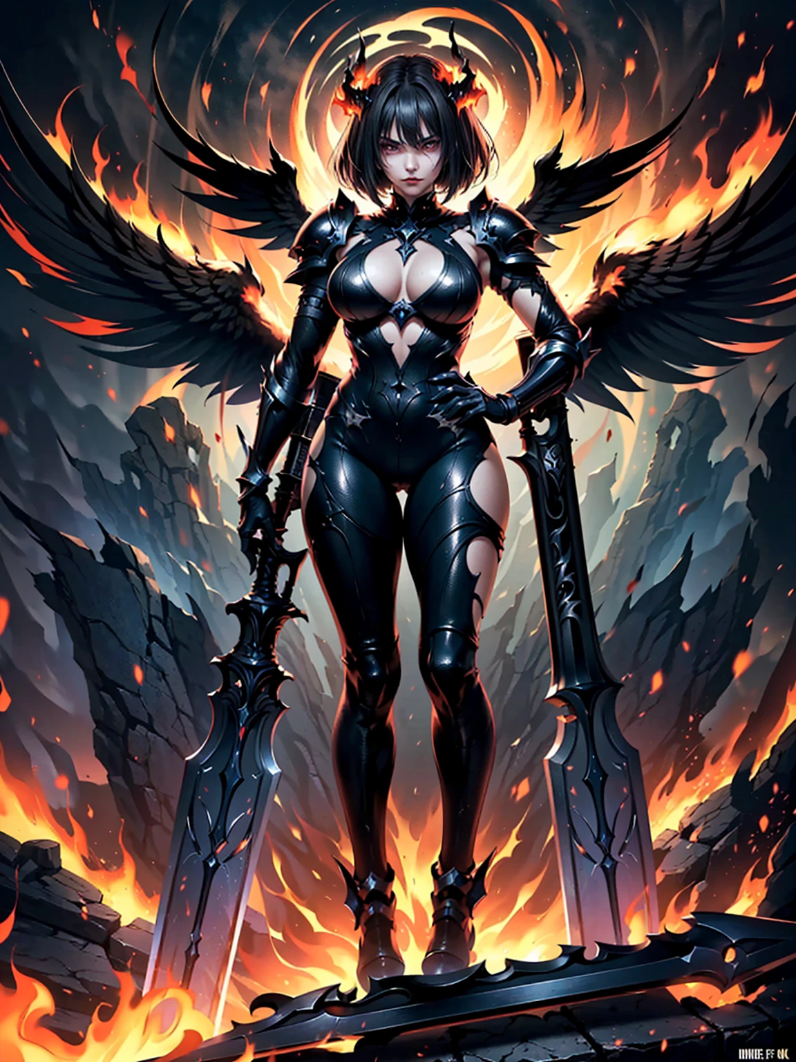 (((masterpiece, best quality, high detailed, 8k))) Design a layout showcase Gaming character, (1girl). Black+Crimson dark armor, stylish and unique. ((weapon:1.4)), cursed sword. (masterpiece:1.2), (best quality), 4k, ultra-detailed. (luminous lighting, atmospheric lighting). dark warrior, ((six wings of shadow and fire)), ((glove full hands)), (((revealing clothes:1.3))), vambraces, armored legwear, (((full_body_shot:1.4))). {In an infernal realm}.
(((extremely imposing presence, black flames, super strong, incredibly beautiful with dark armor))).