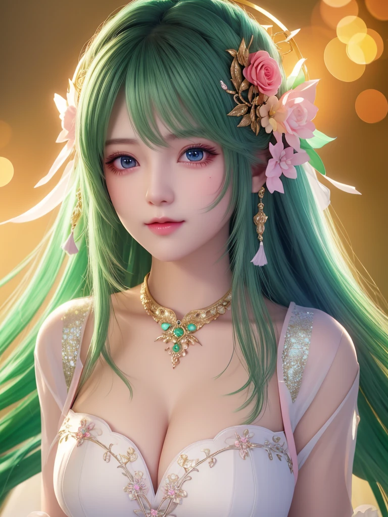 best quality, masterpiece, High target, There is a girl with a basket of flowers on her head, Big breast beauty,Very sexy,beautiful clothes, Hair Decorationss, necklace, Decorations, Pretty Face, When the body, Tyndall effect, Realistic Portraits, Edge lighting, Two-color light, (Very delicate skin:1.2), 8K uhd, Digital SLR Camera, Soft Light, high quality, Volumetric Lighting, Honest, photo, high resolution, 4K, 8K, Bokeh, Green hair,Pink Eyes.