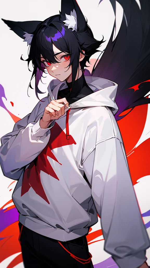 A boy with white and black hair, fair skin and red right eye, and the left one in purple and with fox ears, wearing a white sweatshirt and black pants
