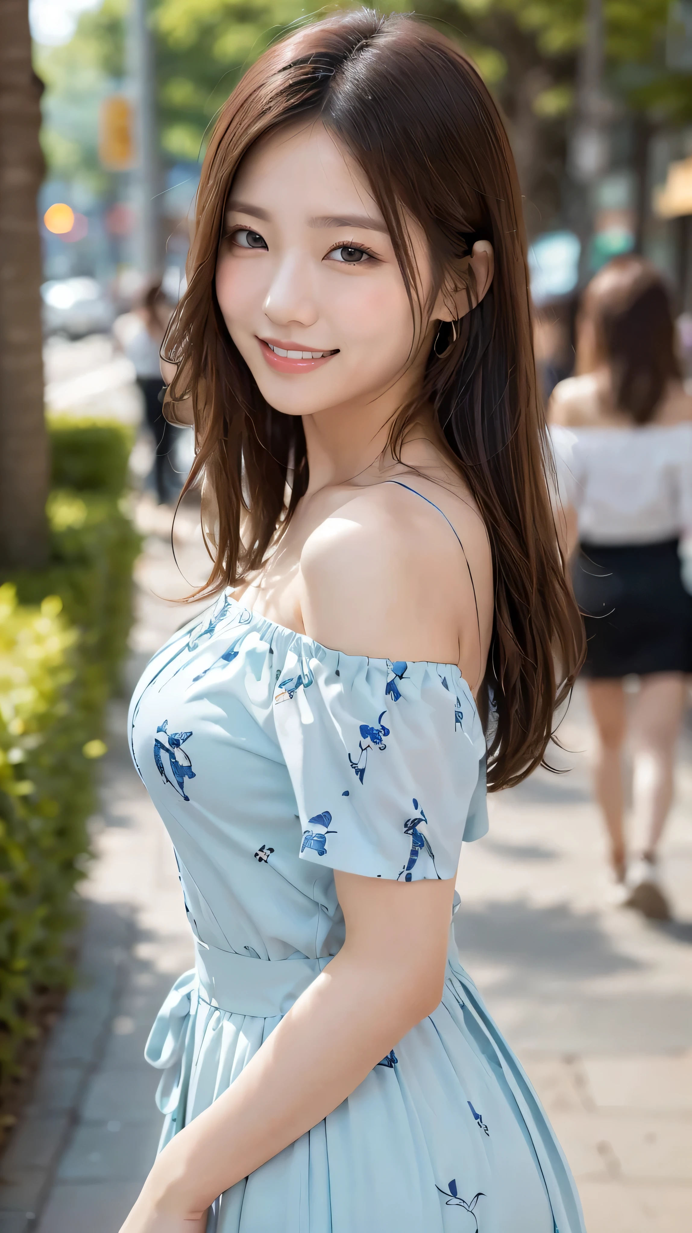 (((1girl:1.3))), ((20yo:1.3)), (she is neat university student), 
BREAK 
(happy smile:1.2), 
((medium large breasts:1.3)), (Accentuated breasts:1.3, film breasts, nicely shaped breasts:1.1, perfect body), 
BREAK 
(elegant summer fashion(short sleeves blouse(color : white), off-shoulder, strapless), (long skirt((color : very light blue), (pattern : elegant print))), 
(walking with elegant pose in (seaside street | park street | city street | Ameyoko Shopping Street)) in Japan)), 
BREAK 
((Please create a photo that conveys her happily expression and the sense of realism at the happily moment she is relaxing:1.3)),
BREAK 
(faded photo:1.3), (film grain:1.3), depth of field, (bokeh:1.1), (light and shadow:1.4),
((Cowboy shot:1.2)), ((from side)), ((Focus on her:1.2)), 