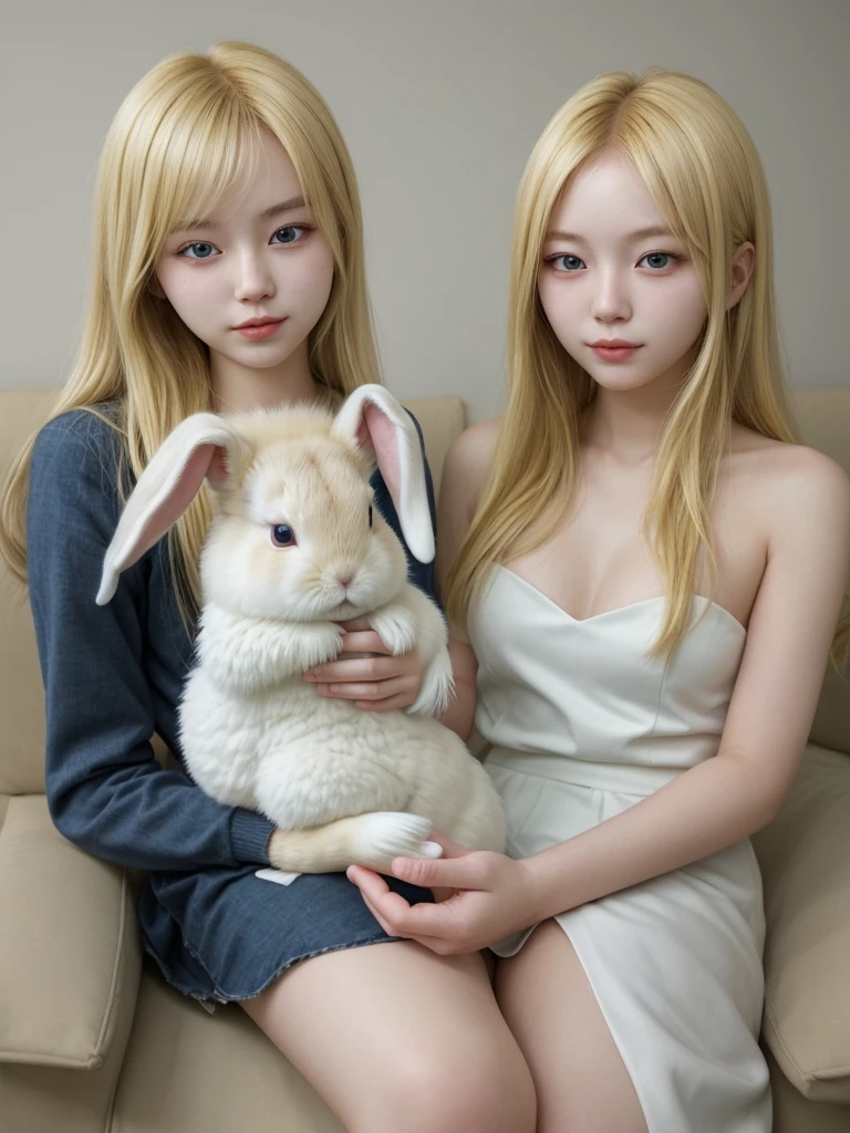Korean blonde girl holding a rabbit