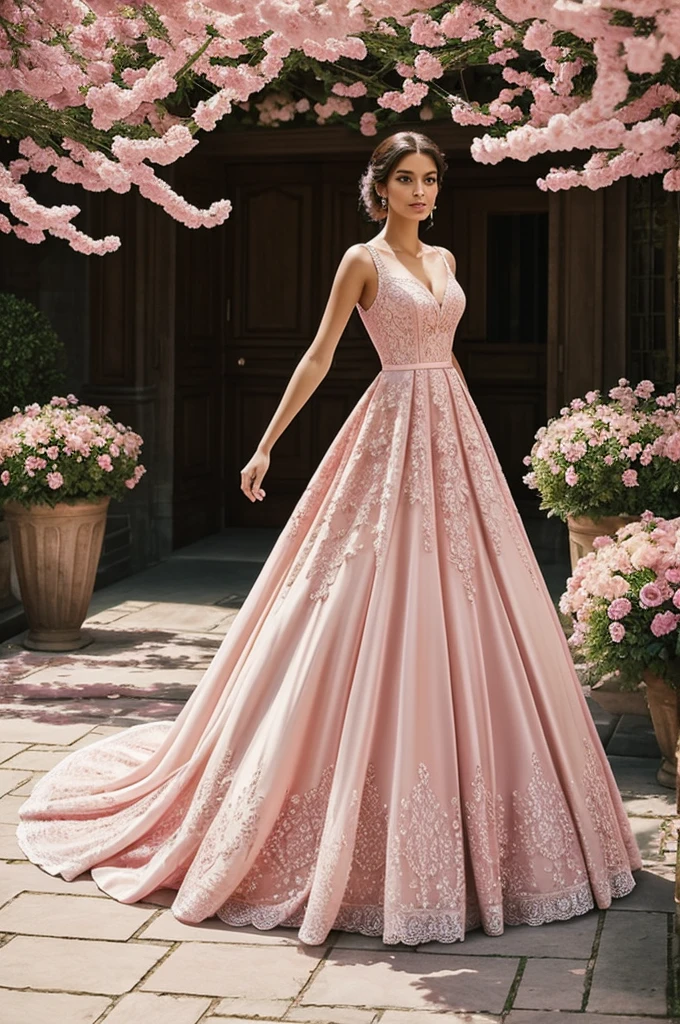 A stunning portrait of a long elegant dress on a pink catwalk, surrounded by beautiful flowers in pastel pink tones. with an attractive canvas, long and vibrant in various shades of pink. The stage lighting creates shadows and plays with the texture of the fabrics, highlighting beauty and elegance. The atmosphere is sophisticated and feminine, with a sophisticated touch of glamor and elegance. (Just the dress without the mannequin). 