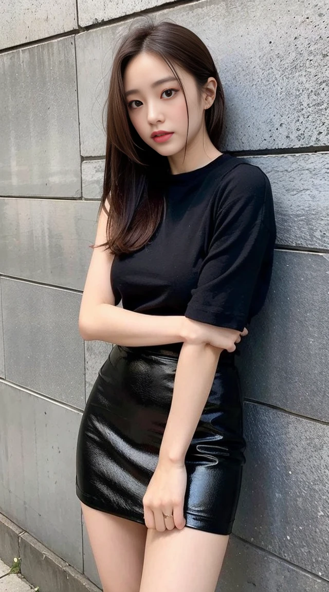 Dark brown hair、Light brown eyes、Japanese actress、 Lady、I am about 40 years old..、(Intricate details:1.2)、(Which one is on top??:1.4)、 (Ultra-high resolution:1.2)、Ultra-high resolution、(Finely tuned)、(Detailed facial features)、Hmph、8K resolution、D cup size breasts、Long Hair、Night setting、Large windows、Extravagant space、relax、、,Full body photo、Head to toe shot、Beautiful legs、Cosplay、Street fashion、Black Pink・ジェニー Taken with the image、Black Pink Similar to Jenny、Black Pink Pose like Jenny、White costume、mini skirt、Beautiful legs、she, Fashion Hub, Extreme Detail, Very detailed, Realistic, Hourglass-shaped body, Obscene pose,Messy ponytail、Leaning against a wall、Place your head against the wall and lift your chin..、Please open your mouth a little、