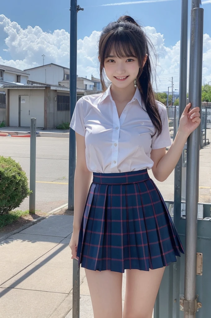 nsfw,((naked))、((Beautiful nipples))、((flat chest)),show off nipple、1 Girl, alone, Japanese girl, ,Junior high (Highest quality, Realistic, High resolution, 8K, Very detailed, Detailed face, Shiny skin), Japanese , Collared shirt, White shirt, Red ribbon, Black Hair, ragged bangs, ponytail,Gazing into the distance,Young face、Are thin、Slim figure、slender、Short、 System、((Lots of sweat))、Navy blue checked skirt、Nice thighs、Are standing,Photographed from the front、The best smile、Showing teeth、blue sky、Uplifting、