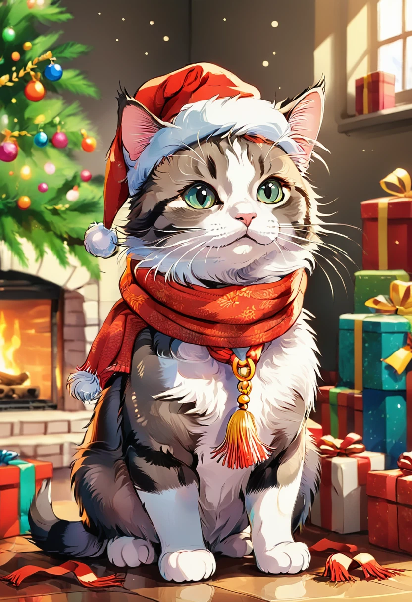 Christmas cat with scarf and hat，HD，White background，8K，超HD画质，Masterpiece，Natural texture，Elegant and clear lines，