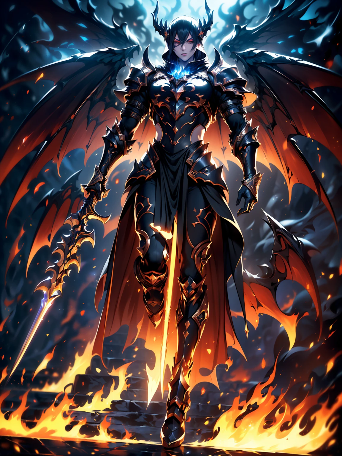 (((masterpiece, best quality, high detailed, 8k))) Design a layout showcase Gaming character, (1girl). Black+Crimson dark armor, stylish and unique. ((weapon:1.4)), cursed sword. (masterpiece:1.2), (best quality), 4k, ultra-detailed. (luminous lighting, atmospheric lighting). dark warrior, ((six wings of shadow and fire)), ((glove full hands)), (((revealing clothes:1.3))), vambraces, armored legwear, (((full_body_shot:1.4))). {In an infernal realm}.
(((extremely imposing presence, black flames, super strong, incredibly beautiful with dark armor))).