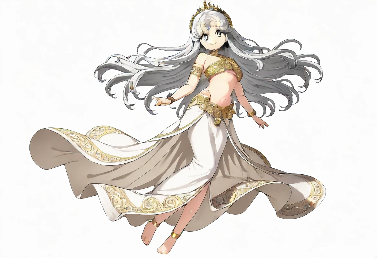 ((((no background)))), ((((White background)))), ((((Full body)))), Silver Hair, Long Hair, アニメ, cute, beautiful girl, Large Breasts, goddess, venus, Dynamic Angle, 4K, light smile, gold accessory, long skirt, 