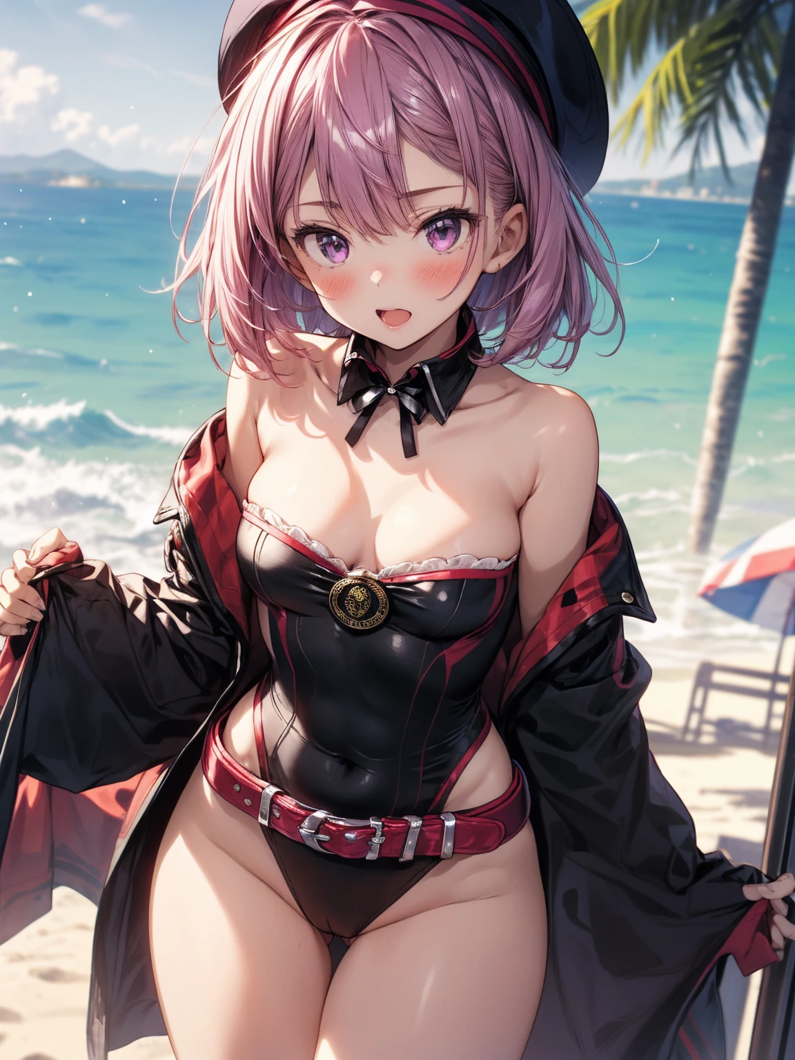 nsfw, masterpiece, best quality, detailed, an extremely delicate and beautiful, high resolution, highres, hi-vision anime, ( anime coloring:1.1), Motivated Light,( beautiful hair), (beautiful face), photo of perfect eyes, perfect eyes, perfectly composed photo, detailed face, detailed eyes,( detailed clothing:1.3),( perfect hands), medium breasts, Round chest, cute face,
BREAK
moody angle, cowboy shot,( 1girl, solo:1.5), helena blavatsky, purple hair, short hair, (purple eyes:1.1), bare shoulders, belt, beret, bow, detached collar, detached sleeves, hat, leotard, purple headwear, purple leotard, red belt, white bow, white sleeves,( nipple slip, downblouse:1.3),
BREAK
( embarrassed. smaile:1.2), blush, open mouth, very detailed background, day, sky,( outdoors, beach:1.3), upset,( model pose)