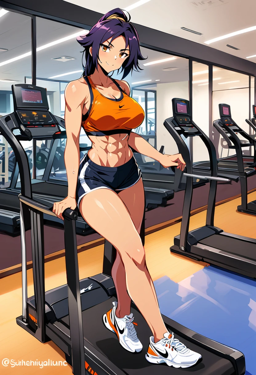 gym,yoruichi shihouin, sport shorts, sport topic,large breats,nike sneakers,sexy,fullbody, rubning on treadmill,sweats,abs,smiling, looking at viewer ,,large legs