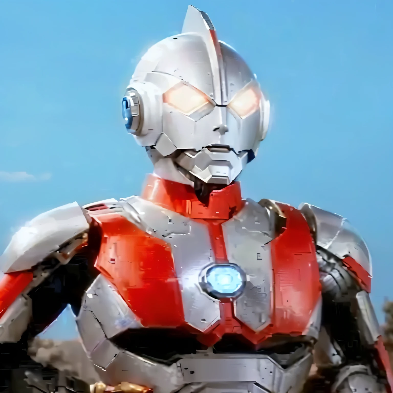 arafed man in a red and white costume with a blue button, ultraman, tokusatsu, gynoid body, saitama, ohrai noriyoshi, humanoid form, movie still of a cool cyborg, movie still of robot goku, sci-fi classic, fantastic non human character, ja miyazaki, iconic character