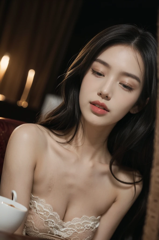 (((best quality))),(((ultra detailed))),(((masterpiece))),illustration,((1 beautiful young girl,solo,)),((slim,thin)),((small breasts,flat chest)),(shoulder length straight bob hair:1.2),(round face:1.2),delicate, sitting on the chair beside the dining table,(strapless lace bra:1.3),luxurious, exquisite, smooth skin, delicate facial features, pouted lips, doll-like appearance,(a cup of coffee:1.3), blinking,((close eyes,open mouth,female orgasmic,blush,ahegao, tongue sticking out)), exhaling, soft light, warm glow, pitch-black kitchen, dim light, eerie atmosphere, mysterious, soft hum, air conditioner, ticking clock, tranquil, ominous, otherworldly feel,darkness, loneliness, unaware, world outside,(from front,close-up of face),(night scene:1.5)