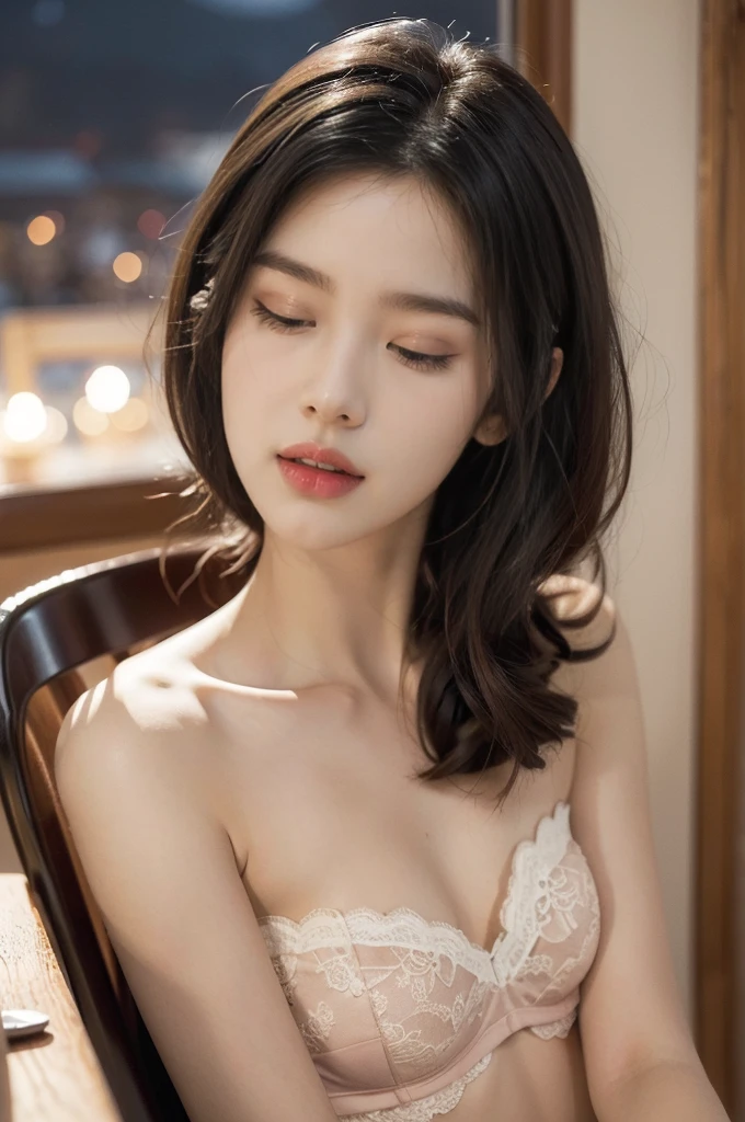 (((best quality))),(((ultra detailed))),(((masterpiece))),illustration,((1 beautiful young girl,solo,)),((slim,thin)),((small breasts,flat chest)),(shoulder length straight bob hair:1.2),(round face:1.2),delicate, sitting on the chair beside the dining table,(strapless lace bra:1.3),luxurious, exquisite, smooth skin, delicate facial features, pouted lips, doll-like appearance,(a cup of coffee:1.3), blinking,((close eyes,open mouth,female orgasmic,blush,ahegao, tongue sticking out)), exhaling, soft light, warm glow, pitch-black kitchen, dim light, eerie atmosphere, mysterious, soft hum, air conditioner, ticking clock, tranquil, ominous, otherworldly feel,darkness, loneliness, unaware, world outside,(from front,close-up of face),(night scene:1.5)