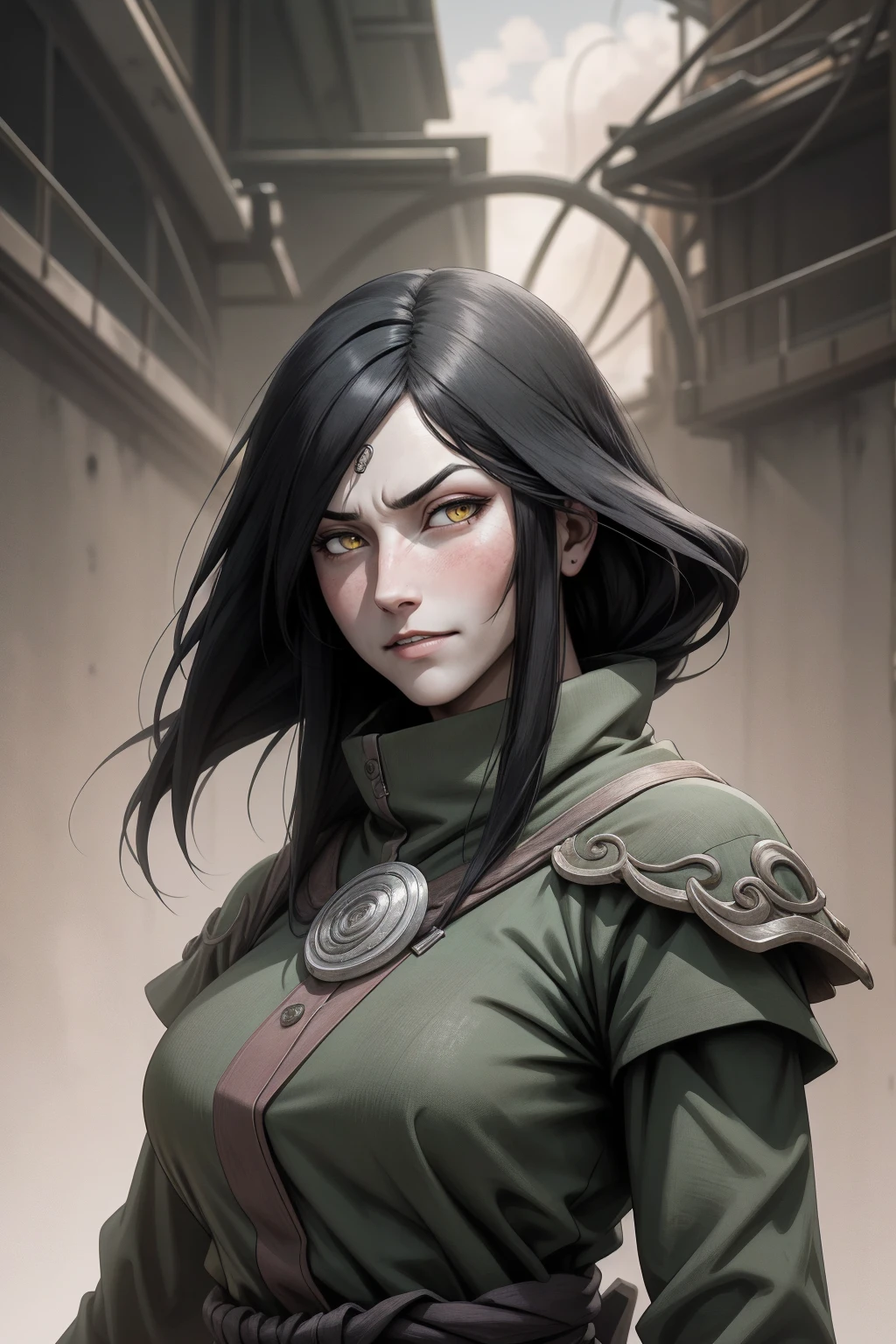 {-erro_de_anatomia:1.0} estilo anime, Masterpiece, absurdities, Orochimaru\(Naruto\), 1girl Solo, Mature woman, Oversized shirt with broad shoulders, Perfect composition, Detailed lips, large breasts, Beautiful face, body proportion, Blush, Long black hair, ( black hair), yellow eyes, (sexy), Soft gauze, Super realistic, Detailed, photo shoot, Realistic faces and bodies, masterpiece, best quality, best illustration, hyper detailed, 1 girl, solo, glamorous, blushing, upper body, fighting, on nature, dimanic poses