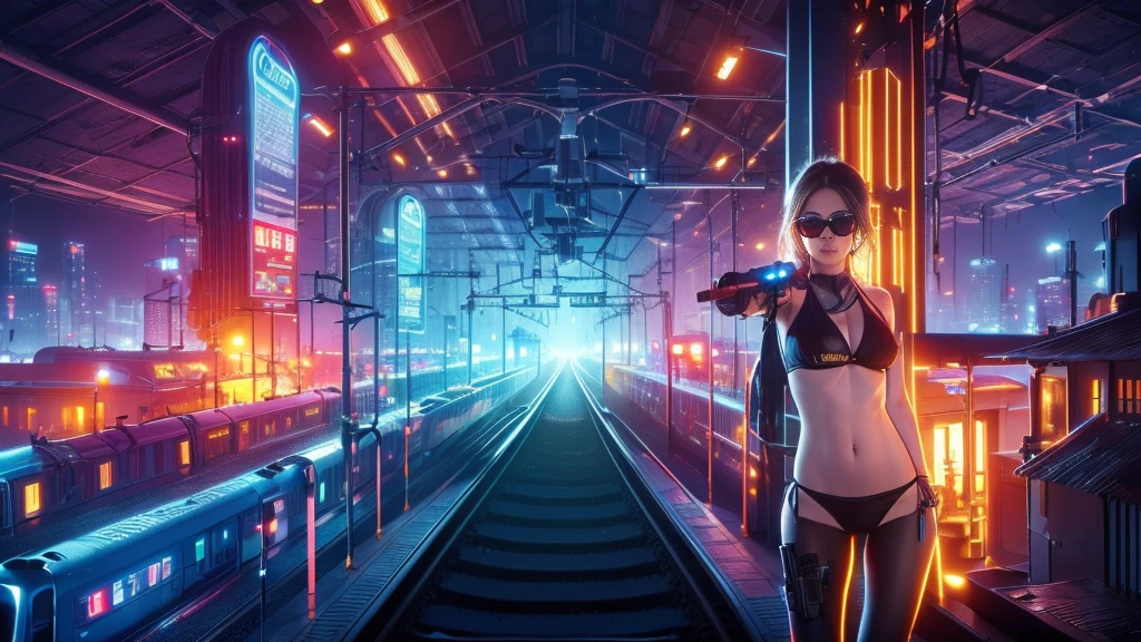 (((a medium-breast bikini slim GIRL with black (micro) sunglasses))), (((((aiming at viewer with a pistol))))), a balcony of a futuristic building, aerial view of an ultra-futuristic megalopolis, metal buildings and houses in dark colors from dark blue to black, shades of metal gray, smoky metal structures, industrial environment with smoke and fog around, dark cars on the streets, desert megalopolis, modern metal rails and trains passing through, tall futuristic metal buildings, ultra modern buildings, (((((railway station))))), realistic, detailed, sci-fi.