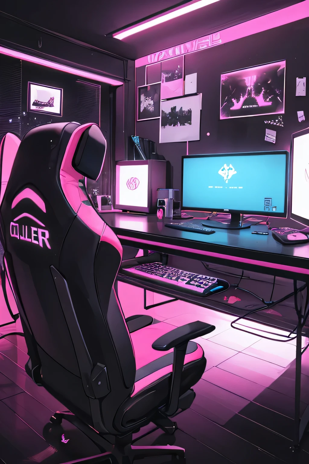 ((best quality)), ((masterpiece)), (detailed), empty large gamer bedroom background, hot pink and black theme, pc and monitors on a desk with gaming chair, neon decoration and posters on walls and desk, nighttime