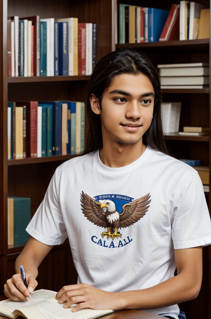 A student eagle wearing a white shirt with the initials C.b.A.A.L and with some books