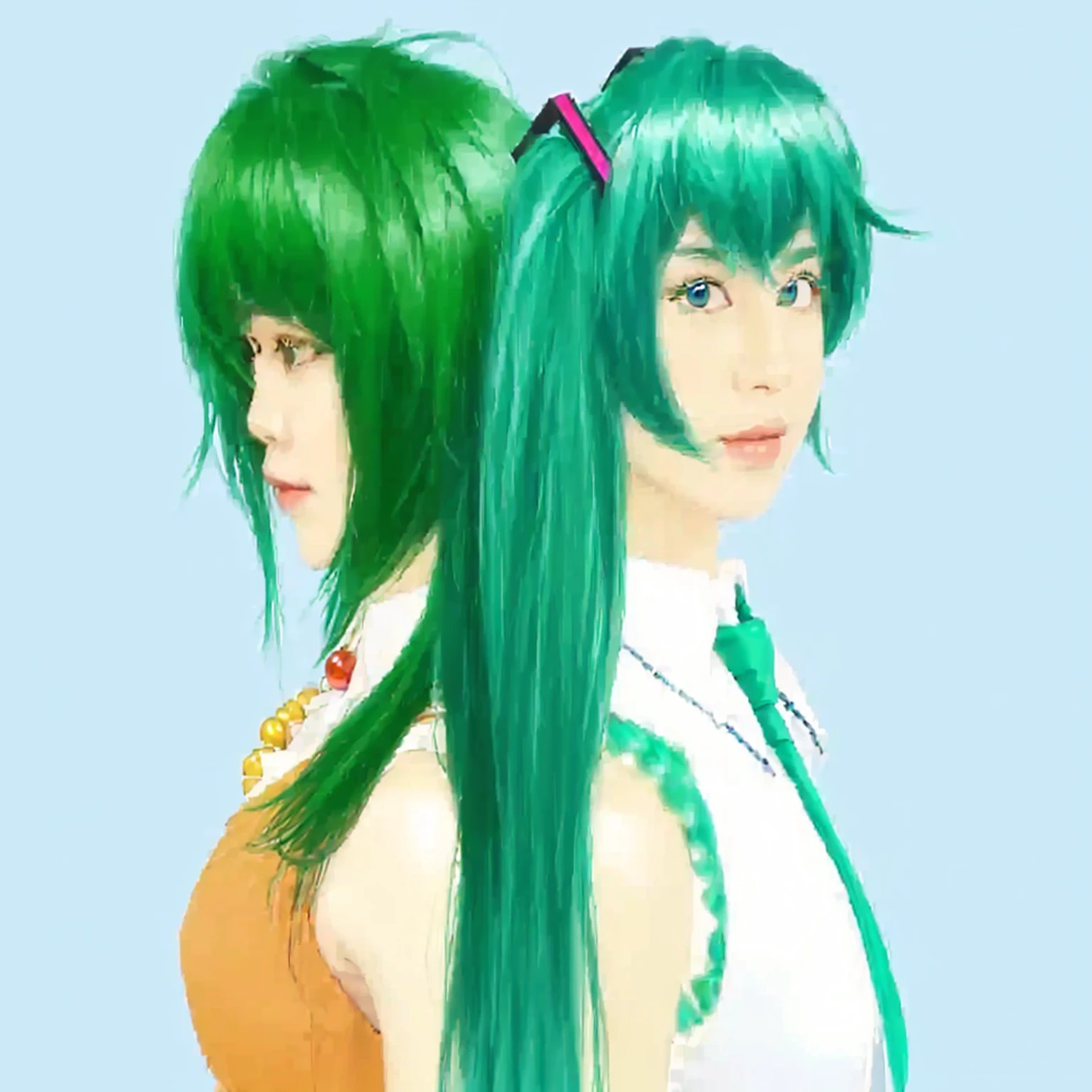 ((Masterpiece)), (best quality), (very detailed), ((very detailed)), 4k, (8k),2 girl,Hatsune Miku,Gumi,Japanese girl,Blue hair color White sleeveless shirt and blue tie,green hair color and orange dress with red round jewel necklace