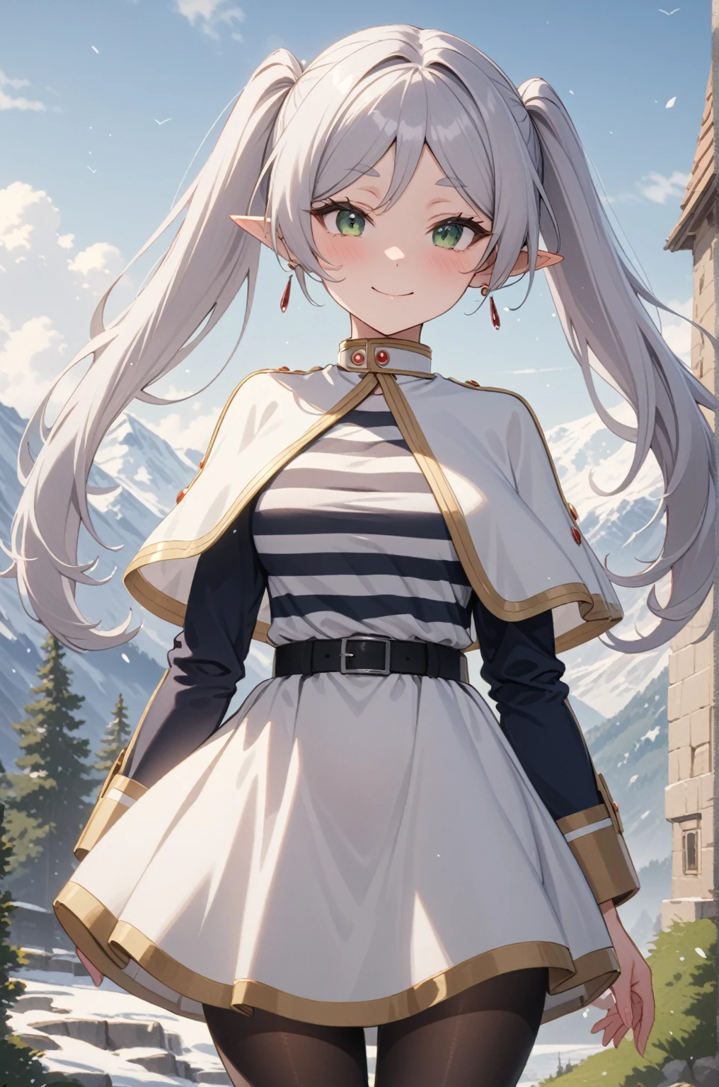 One girl, Freezing, Beautiful smile, Green Eyes, Gray Hair, Long Hair, Twin tails, Earrings, White capelet, Striped shirt, Long sleeve, belt, White Skirt, Black Pantyhose, Big Breasts, landscape, Looking at the audience, Squint your eyes,masterpiece, Highest quality, so beautiful, Absurd, up to date, Complex details, Complex, AI-generated,  