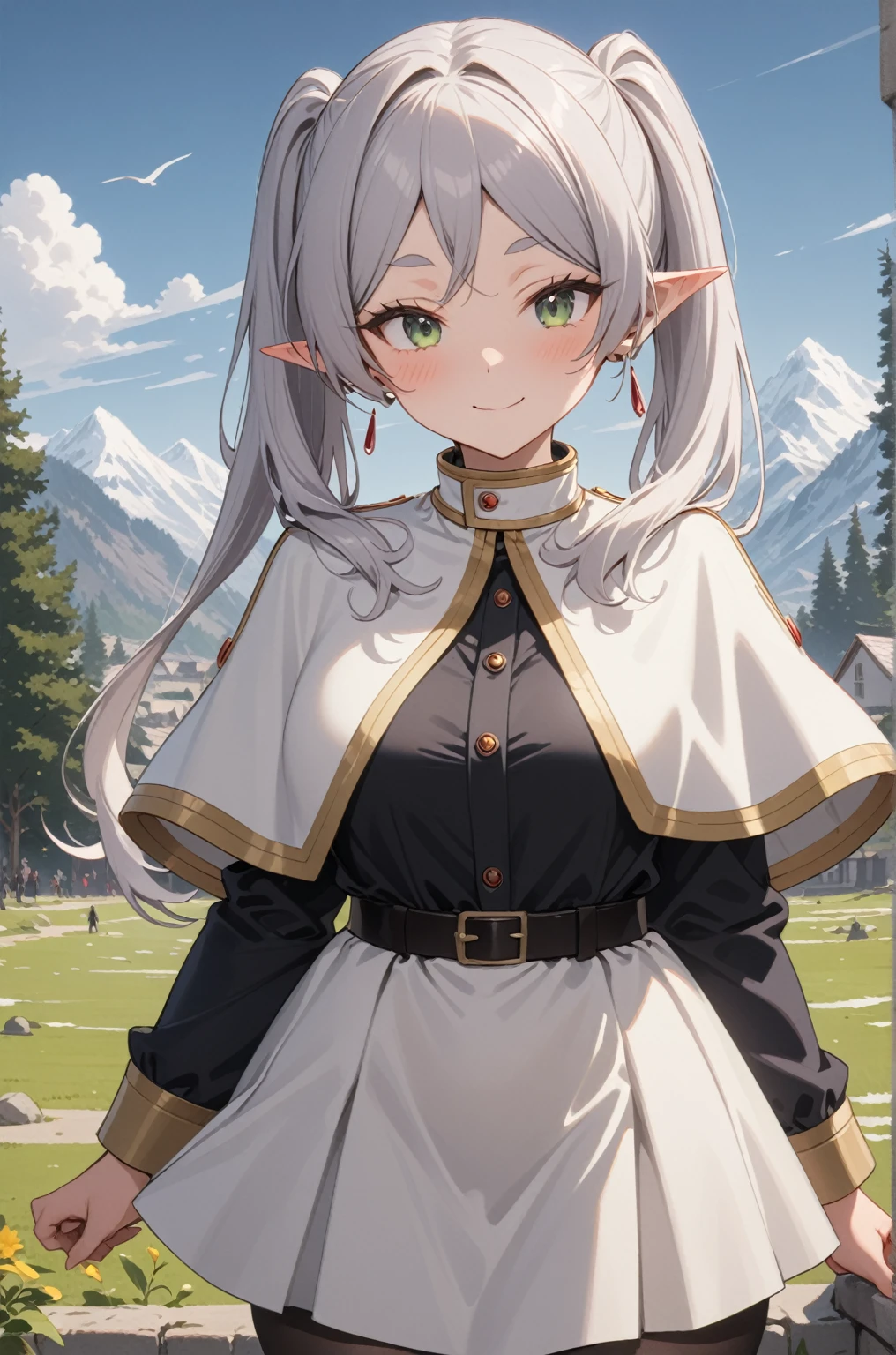 One girl, Freezing, Beautiful smile, Green Eyes, Gray Hair, Long Hair, Twin tails, Earrings, White capelet, Striped shirt, Long sleeve, belt, White Skirt, Black Pantyhose, Big Breasts, landscape, Looking at the audience, Squint your eyes,masterpiece, Highest quality, so beautiful, Absurd, up to date, Complex details, Complex, AI-generated,  