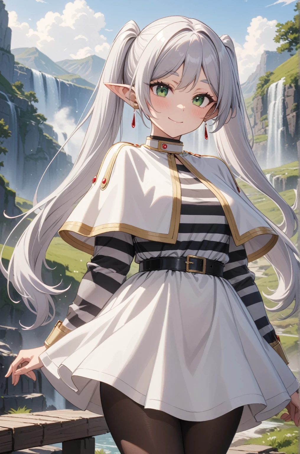 One girl, Freezing, Beautiful smile, Green Eyes, Gray Hair, Long Hair, Twin tails, Earrings, White capelet, Striped shirt, Long sleeve, belt, White Skirt, Black Pantyhose, Big Breasts, landscape, Looking at the audience, Squint your eyes,masterpiece, Highest quality, so beautiful, Absurd, up to date, Complex details, Complex, AI-generated,  