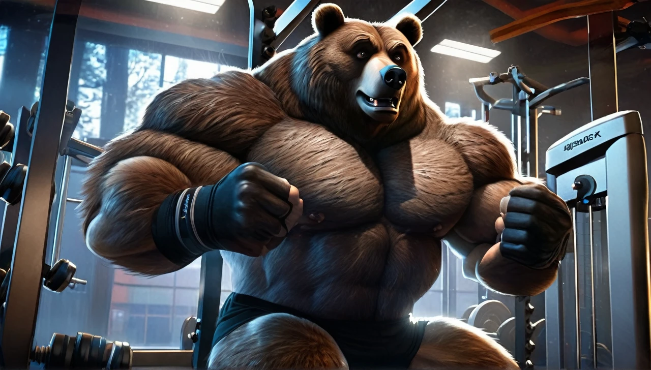 Big brown furry kodiak muscle bear with huge muscles with black gym shorts, black gym shoes and black wristbands at the gym doing incline bench presses sweating off with veins