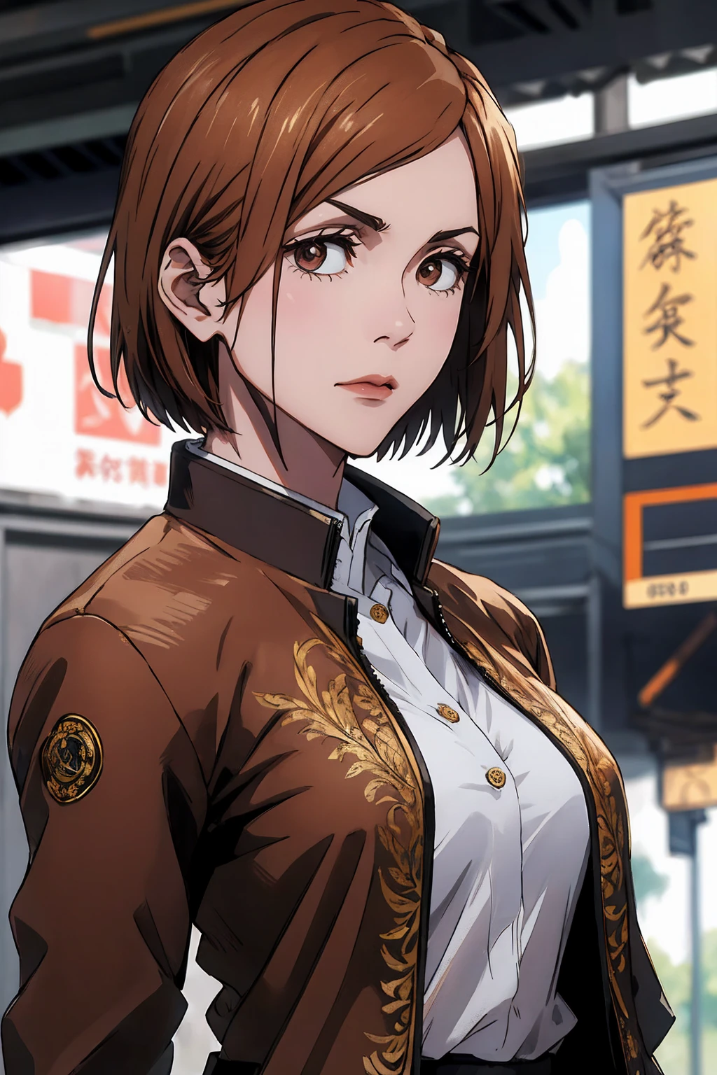 1girl, cowboy shot, beautiful Nobara, school_uniform, bangs, jacket,, volumetric lighting, best quality, masterpiece, intricate details, tonemapping, sharp focus, hyper detailed, trending on Art Station, 4k, upper body,