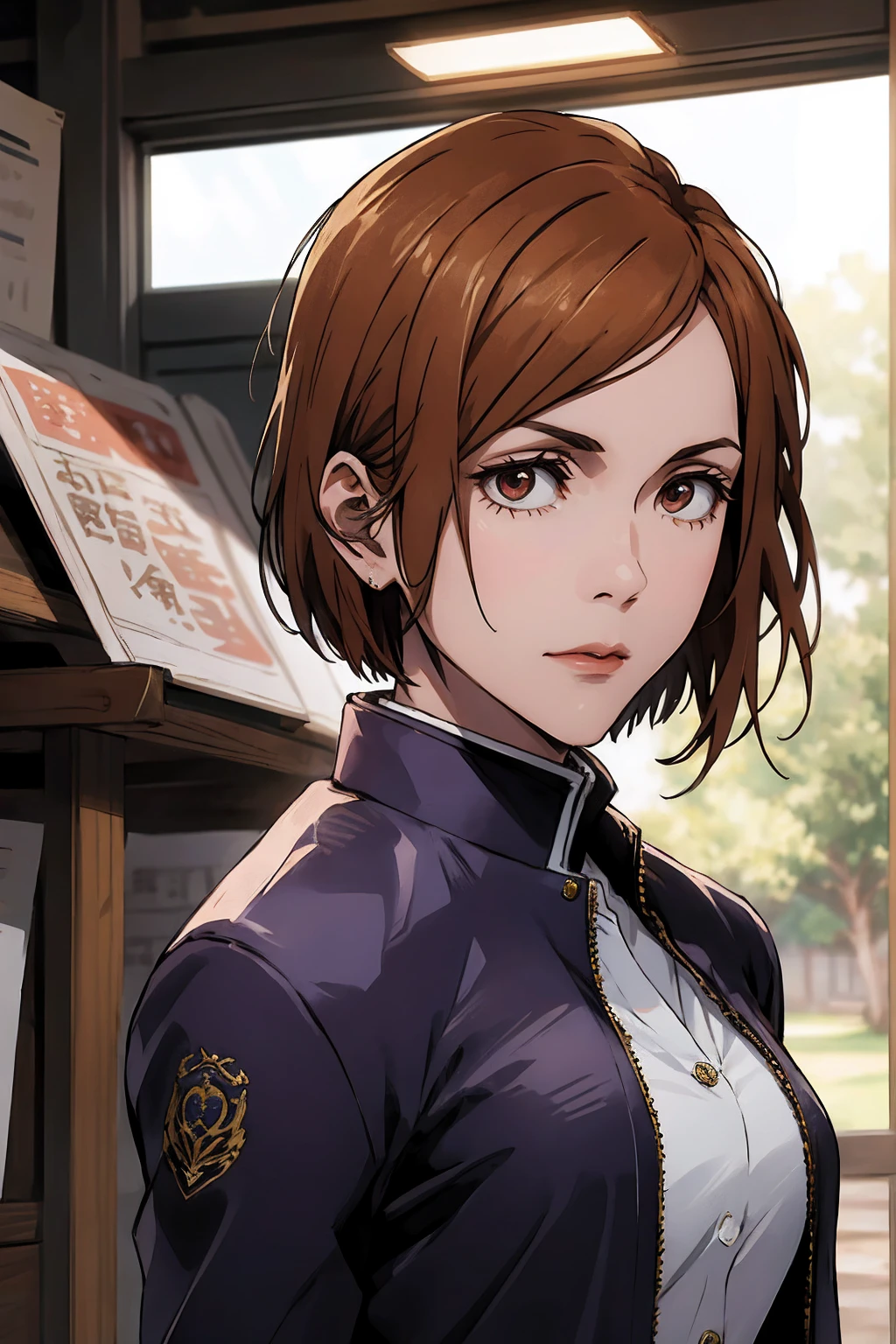 1girl, cowboy shot, beautiful Nobara, school_uniform, bangs, jacket,, volumetric lighting, best quality, masterpiece, intricate details, tonemapping, sharp focus, hyper detailed, trending on Art Station, 4k, upper body,