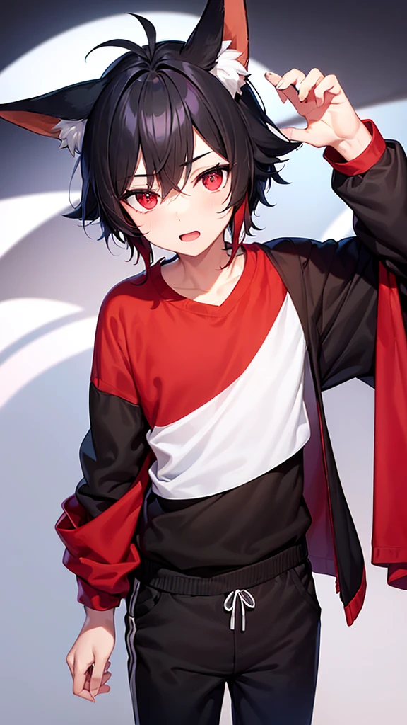 A boy with white and black hair, fair skin and red right eye, and the left one in purple and with fox ears, wearing a white sweatshirt and black pants
