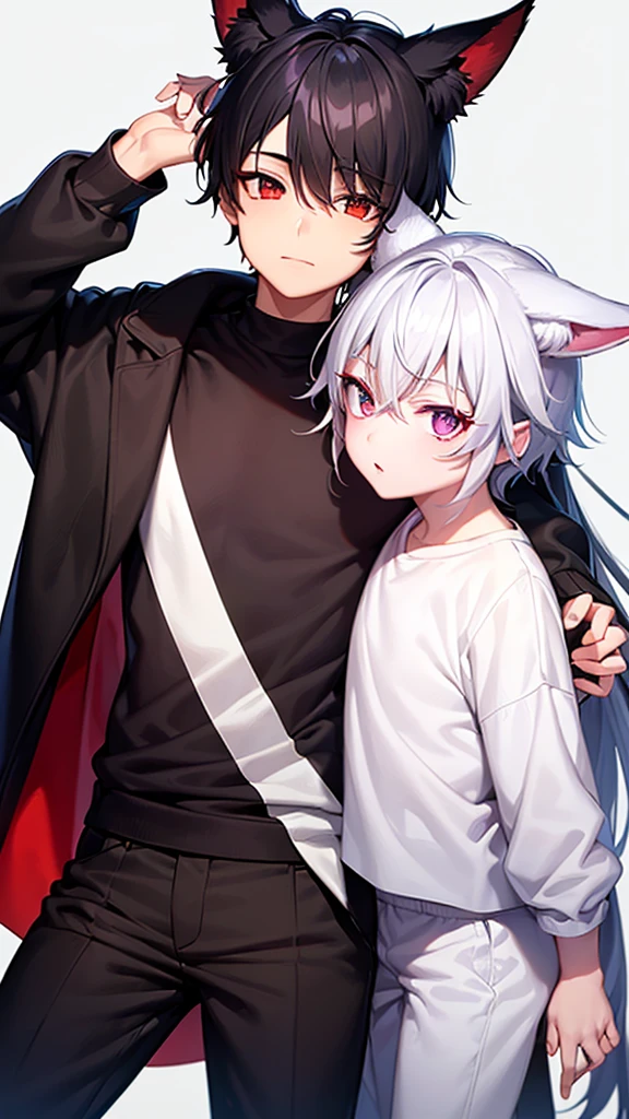 A boy with white and black hair, fair skin and red right eye, and the left one in purple and with fox ears, wearing a white sweatshirt and black pants