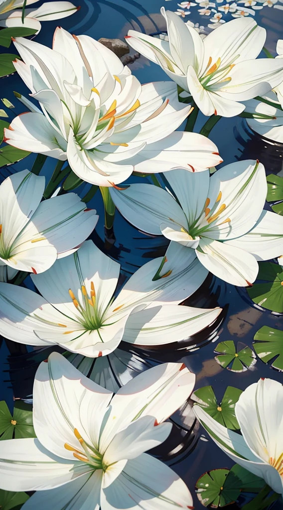 a white lily, a white lily pond, a white lily flower, a white lily garden, a white lily field, a white lily landscape, a white lily background, a white lily wallpaper, a white lily photo, a white lily painting, a white lily art, a white lily scene, a white lily environment, a white lily meadow, a white lily nature, a white lily lake, a white lily river, blue water, white clouds, (best quality,4k,8k,highres,masterpiece:1.2),ultra-detailed,(realistic,photorealistic,photo-realistic:1.37),professional photography,studio lighting,extremely detailed,vivid colors,natural lighting,cinematic,elegant,serene,peaceful