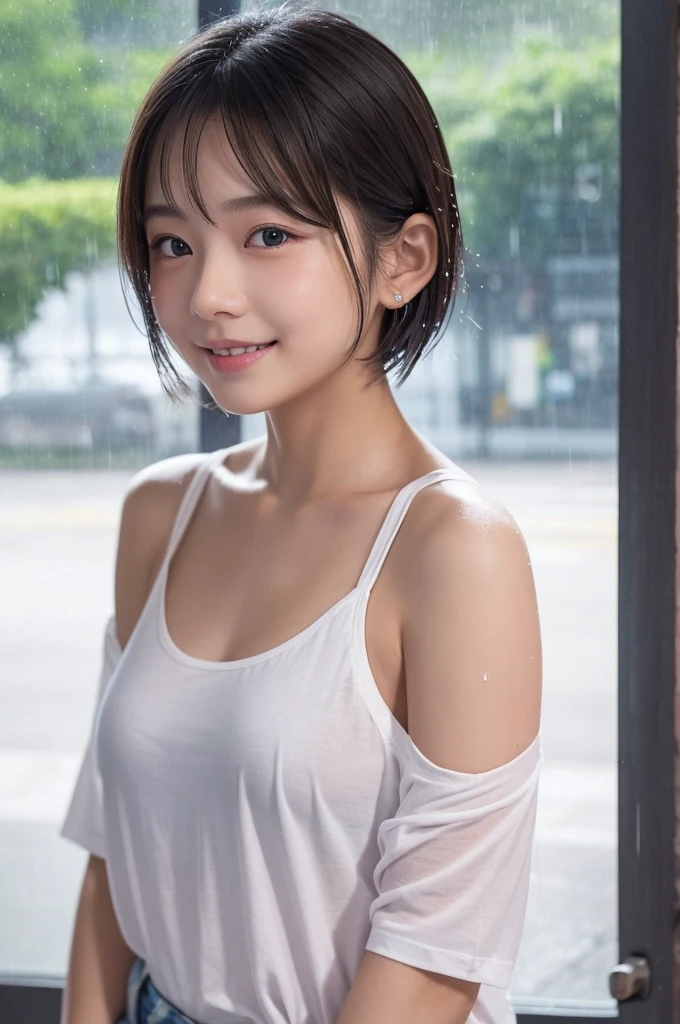 {
  "prompt": "A beautiful Japanese girl standing in the rain. She has short bob hair in silver-gray, wet and clinging to her face and neck. Her large, transparent blue eyes reflect the raindrops, making them sparkle like stars. Her expression is soft, with a gentle smile. She has flawless skin with a hint of pink on her cheeks. She wears a white T-shirt, wet and sticking to her body, revealing her shoulders and collarbone. She also wears denim shorts. The background is blurr