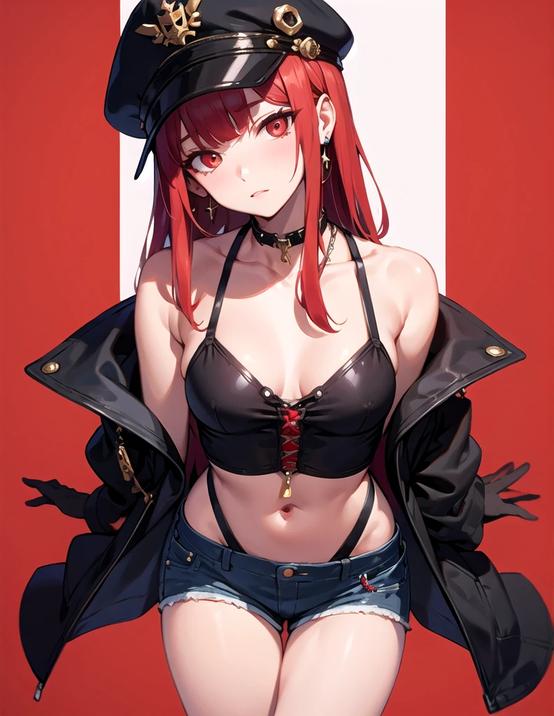 (best quality, masterpiece), (Eyes Focus, Face, close up:0.6), Face红, (Poker face:0.7), 1 Girl, Focus only, Bangs, Hook of Holland, side, Head tilt, Jewelry,cap,bow, Random, punk, slim, shorts, contemporary , (Random, contemporary, Red Theme), Bare shoulders, (background:-1)
