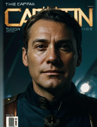 Deluxe edition science fiction magazine cover, (((left a face of a captain with a captain&#39;s hat wearing a white and blue uniform he is bearded, plump and chubby))), ((above centered a technological spaceship, in the background a universe and its galaxies)). Text Report on the right in the middle of the magazine cover,  text describing something important in the lower left part of the magazine.