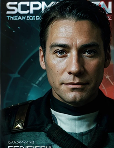 Deluxe edition science fiction magazine cover, (((left a face of a captain with a captain's hat wearing a white and blue uniform he is bearded, plump and chubby))), ((above centered a technological spaceship, in the background a universe and its galaxies)). Text Report on the right in the middle of the magazine cover, text describing something important in the lower left part of the magazine.