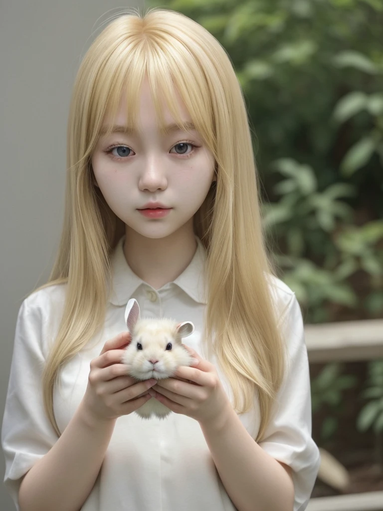 Korean blonde girl, without bangs, holding a rabbit selfie