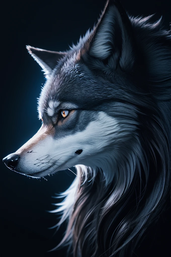 image of a 2d wolf in profile, with black background and dark blue details
