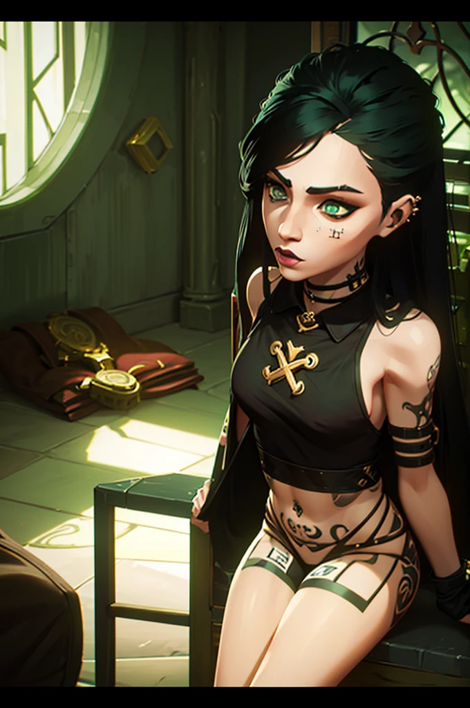 (one girl), (black hair), (green eyes), has (tattoos), (piercings), (light skin but not that light), (long hair) (gothic dark style punk diesel), (in her room), (pijama)