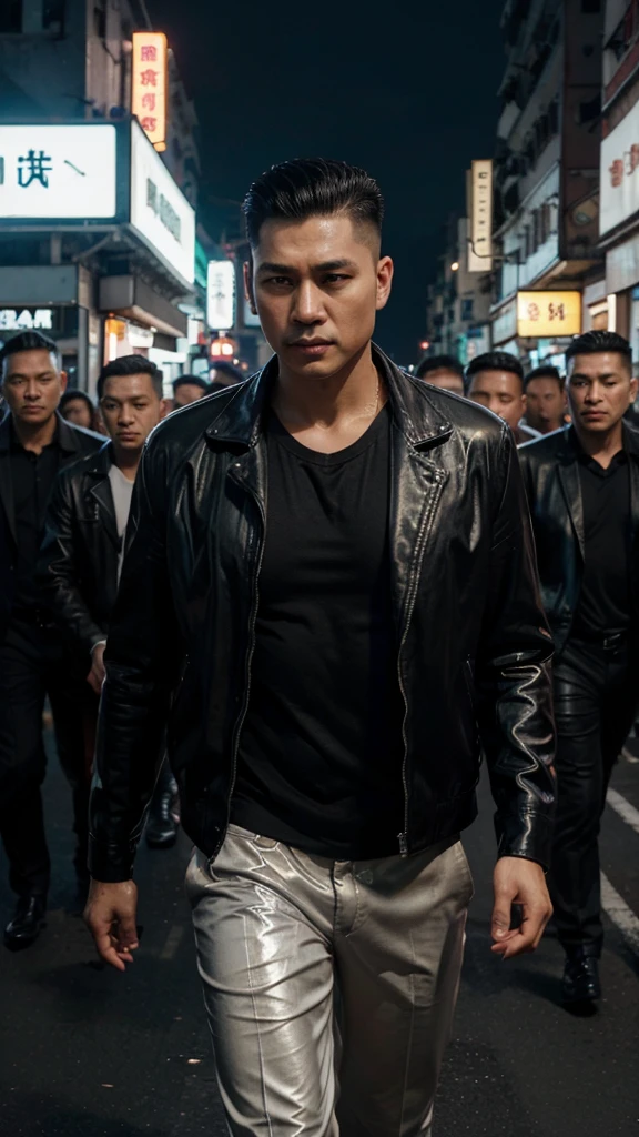 A handsome Hong Kong mafia boss is walking coolly with a gang of mafia, wearing a shiny black leather jacket, Undercut hair is combed neatly, night road background, real photo, professional photo, clear photo, realistic photo, full HD, 4k