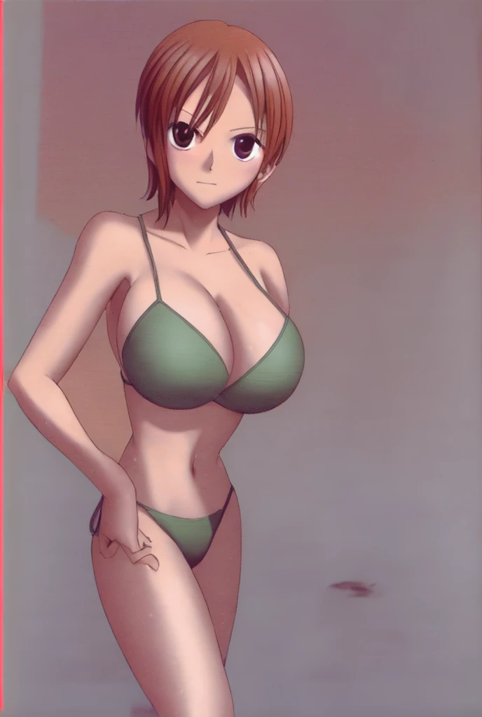 Nami, with her big breasts and beautiful legs, is wearing a bikini and standing with her hands on her hips, her legs spread to the sides, and her mouth open.。