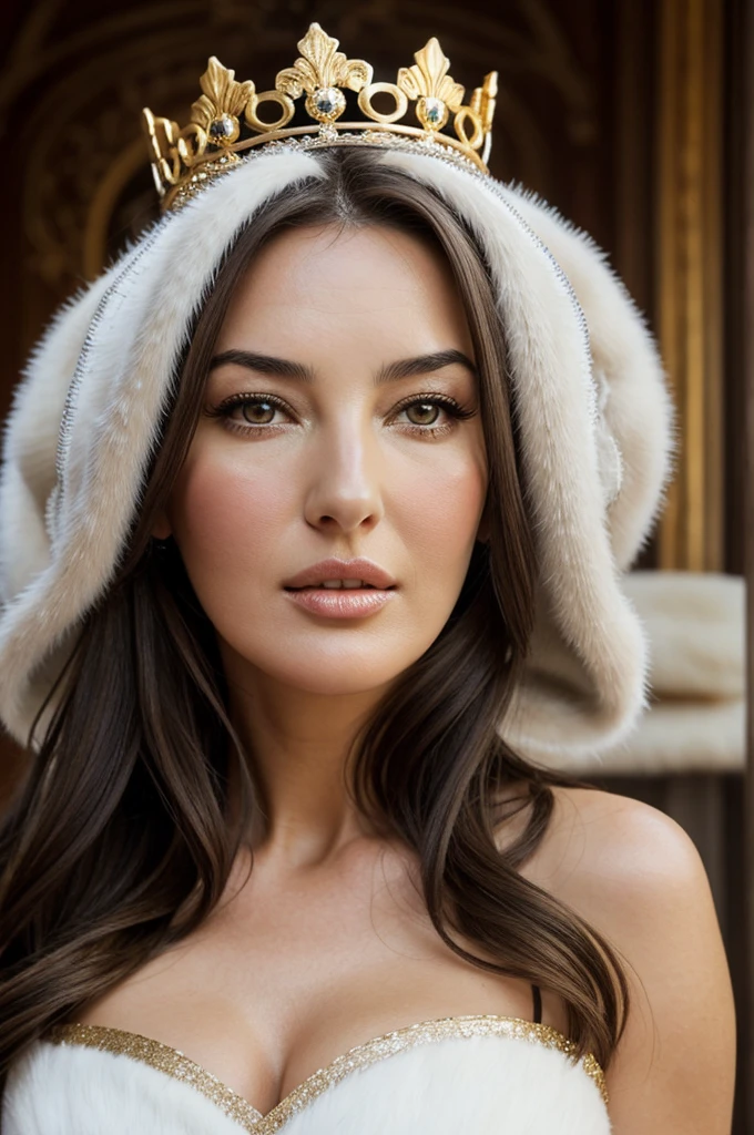 A woman with facial features of Monica Bellucci, light gray eyes, long light brown hair, long eyelashes, with gold and white fur princess dress and crown