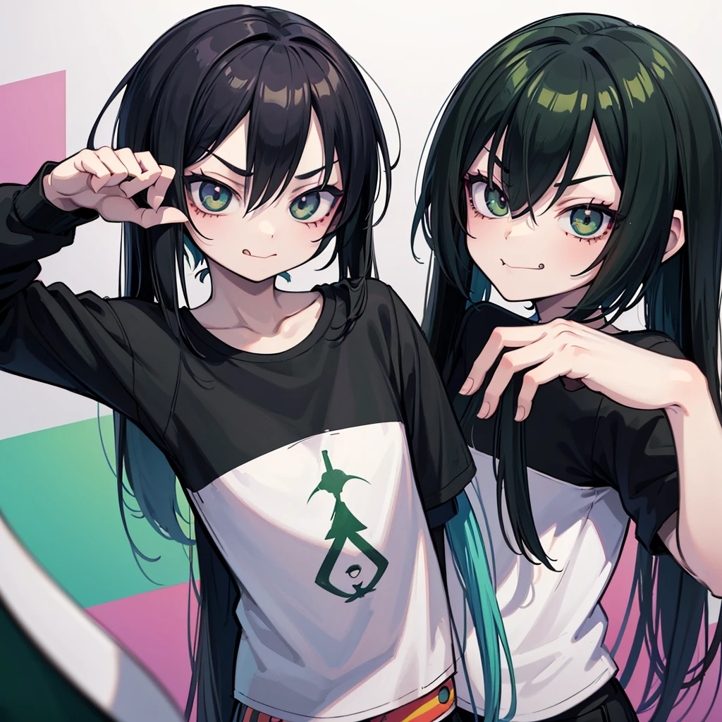 girl similar to gorillaz noodle, long black and green gradient straight hair ((drawing)), ((anime girl nose)), white t-shirt, resting her chin on her hand (pose for photo) tattoos on her arms, showing her tongue, art cyberpunk, sarcastic look, nervous teenager, malicious smile, background scene with several people looking, art inspired by Jamie Hewlett,